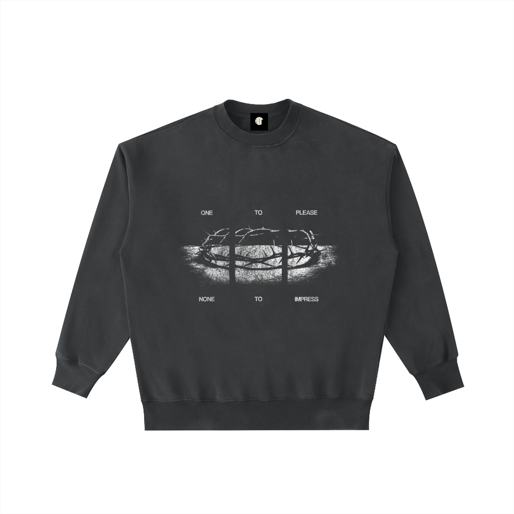 Black sweatshirt with white graphic design on a white background